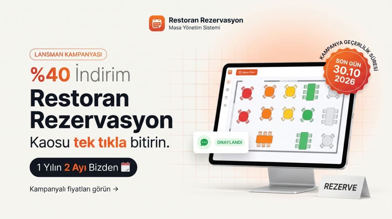 Lansman Kampanyası: Restoran Rezervasyon Sistemi paketlerinde %40 indirim, yıllık ödemede 1 yılın 2 ayı bizden. Son gün 30 Ekim 2026.
